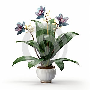 Realistic 3d Orchids In Ceramic Vase With Banana Tree - Hd Quality