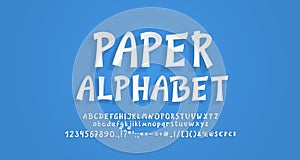 Realistic 3d paper alphabet and numbers. Hand drawn cartoon font white color, with transparent shadow. Modern font paper