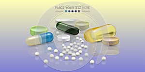 Realistic 3d pills. Pharmacy, antibiotic, vitamins, tablet, capsule. Medicine. Vector illustration of the Tablets and