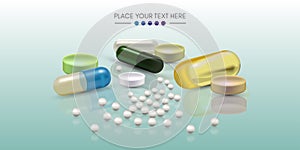 Realistic 3d pills. Pharmacy, antibiotic, vitamins, tablet, capsule. Medicine. Vector illustration of the Tablets and