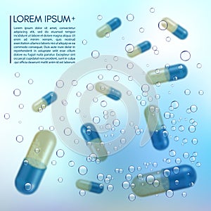 Realistic 3d pills in the water with the bubbles. Pharmacy, antibiotic, vitamins, tablet, capsule. Medicine. Vector