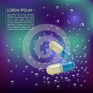 Realistic 3d pills in the water with the bubbles. Pharmacy, antibiotic, vitamins, tablet, capsule. Medicine. Vector