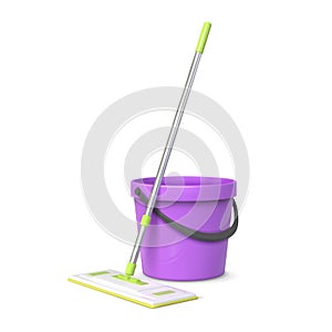 Realistic 3d rag mop and plastic bucket, floor cleaning equipment. Sponge broom and pail. House cleanup tools and wet