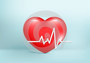 Realistic 3d red glossy heart with white pulse line, heartbeat. Cartoon 3d cardiogram, cardio sign, diagnostic health, pulse beat