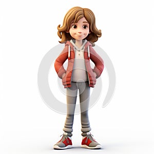 Realistic 3d Render Of Cartoon Girl Hannah In Red Jacket And Trainers