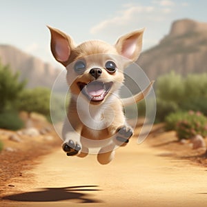 Realistic 3d Render Of Cute Chihuahua Running In Desert