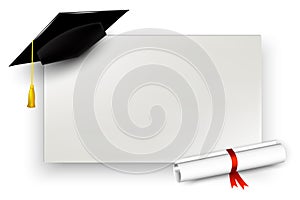 realistic 3d render of graduation cap and diploma. Education, degree ceremony concept. Vector illustration.
