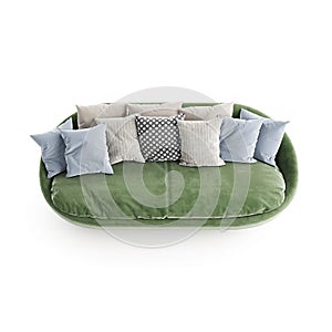 Realistic 3D render of a green sofa with multiple cushions