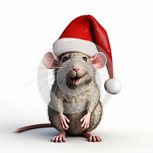 Realistic 3d Render Of Joyful Rat Wearing Santa Hat