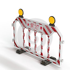 Realistic 3d render of a road barrier equipped with a bright yellow warning light on top