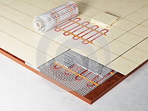 Realistic 3d render underfloor heating. Electric floor heating system