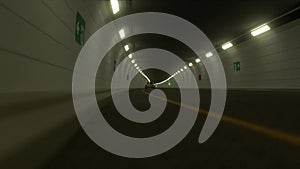 Realistic 3D rendering of sport car driving fast high speed on road tunnel with headlights on and foggy atmosphere