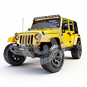 Realistic 3d Rendering Of Yellow Jeep Wrangler On White Background