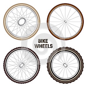 Realistic 3d retro bicycle wheels. Vintage bike rubber tyres, shiny metal spokes and rims. Fitness cycle, touring, sport