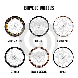 Realistic 3d retro bicycle wheels. Vintage bike rubber tyres, shiny metal spokes and rims. Fitness cycle, touring, sport