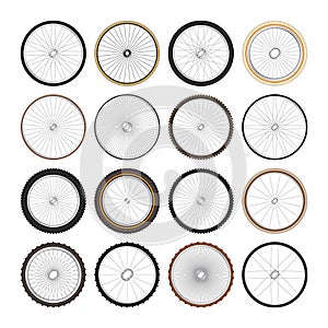 Realistic 3d retro bicycle wheels. Vintage bike rubber tyres, shiny metal spokes and rims. Fitness cycle, touring, sport