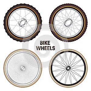 Realistic 3d retro bicycle wheels. Vintage bike rubber tyres, shiny metal spokes and rims. Fitness cycle, touring, sport