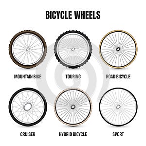 Realistic 3d retro bicycle wheels. Vintage bike rubber tyres, shiny metal spokes and rims. Fitness cycle, touring, sport