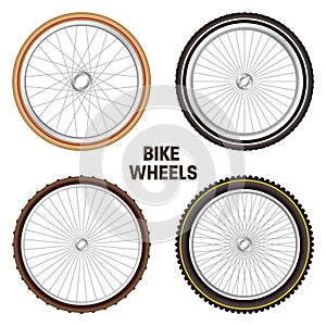 Realistic 3d retro bicycle wheels. Vintage bike rubber tyres, shiny metal spokes and rims. Fitness cycle, touring, sport