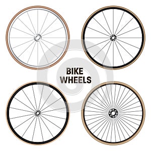 Realistic 3d retro bicycle wheels. Vintage bike rubber tyres, shiny metal spokes and rims. Fitness cycle, touring, sport