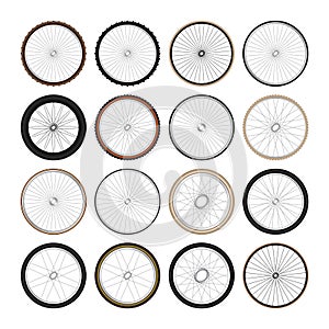 Realistic 3d retro bicycle wheels. Vintage bike rubber tyres, shiny metal spokes and rims. Fitness cycle, touring, sport