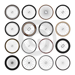 Realistic 3d retro bicycle wheels. Vintage bike rubber tyres, shiny metal spokes and rims. Fitness cycle, touring, sport