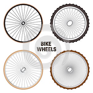 Realistic 3d retro bicycle wheels. Vintage bike rubber tyres, shiny metal spokes and rims. Fitness cycle, touring, sport