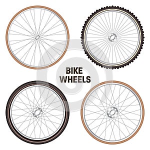 Realistic 3d retro bicycle wheels. Vintage bike rubber tyres, shiny metal spokes and rims. Fitness cycle, touring, sport