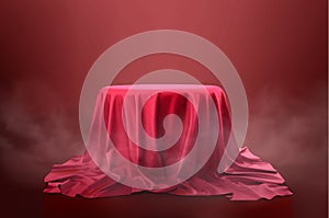 Realistic 3d round red podium display covered fabric drapery folds isolated on dark background. Vector illustration