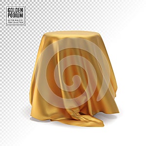 Realistic 3d round white product podium display covered golden fabric drapery folds isolated on white background. Vector