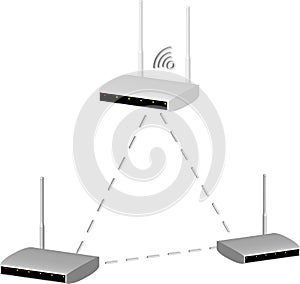 Realistic 3D routers networked on a transparent background with a wifi symbol, isolated
