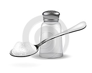 Realistic 3d salt shaker and spoon with salt. Isolated on white background. Glass jar for spices. Ingredients for