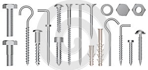 Realistic 3d screws and bolts. Hardware stainless screws, bolts, screw, nuts and eye hooks, metal fixation gear isolated
