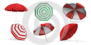Realistic 3d sea beach umbrella for sun protection. Sunshade parasol with white red stripes top and angle view. Umbrella