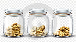 This realistic 3D set of clear acrylic jars with gold coins and a blank label would make a great gift for a pension fund