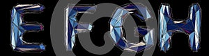 Realistic 3D set of letters E, F, G, H made of low poly style. Collection symbols of low poly style blue color glass