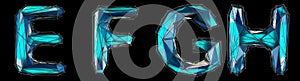 Realistic 3D set of letters E, F, G, H made of low poly style. Collection symbols of low poly style blue color glass