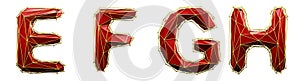 Realistic 3D set of letters E, F, G, H made of low poly style. Collection symbols of low poly style red color glass