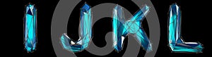 Realistic 3D set of letters I, J, K, L made of low poly style. Collection symbols of low poly style blue color glass