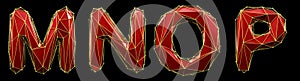 Realistic 3D set of letters M, N, O, P made of low poly style. Collection symbols of low poly style red color glass