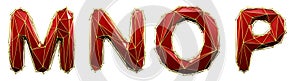 Realistic 3D set of letters M, N, O, P made of low poly style. Collection symbols of low poly style red color glass