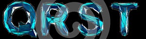 Realistic 3D set of letters Q, R, S, T made of low poly style. Collection symbols of low poly style blue color glass