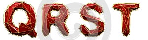 Realistic 3D set of letters Q, R, S, T made of low poly style. Collection symbols of low poly style red color glass