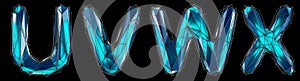Realistic 3D set of letters U, V, W, X made of low poly style. Collection symbols of low poly style blue color glass