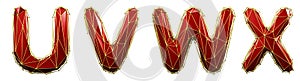 Realistic 3D set of letters U, V, W, X made of low poly style. Collection symbols of low poly style red color glass