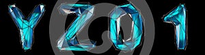 Realistic 3D set of letters Y, Z, 0, 1 made of low poly style. Collection symbols of low poly style blue color glass