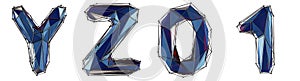 Realistic 3D set of letters Y, Z, 0, 1 made of low poly style. Collection symbols of low poly style blue color glass