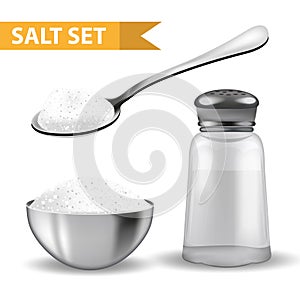 Realistic 3d set with salt shaker, spoon of salt, steel bowl. Isolated on white background. Glass jar for spices