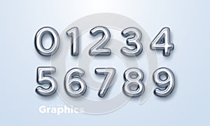 Realistic 3d silver numbers set isolated on white background