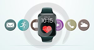 Realistic 3d smart watch with application icons on a light background.